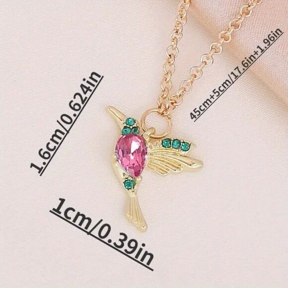 Elegant Golden-Tone Hummingbird Pendant Necklace w Blue/Pink Gemstones - Picture 3 of 3